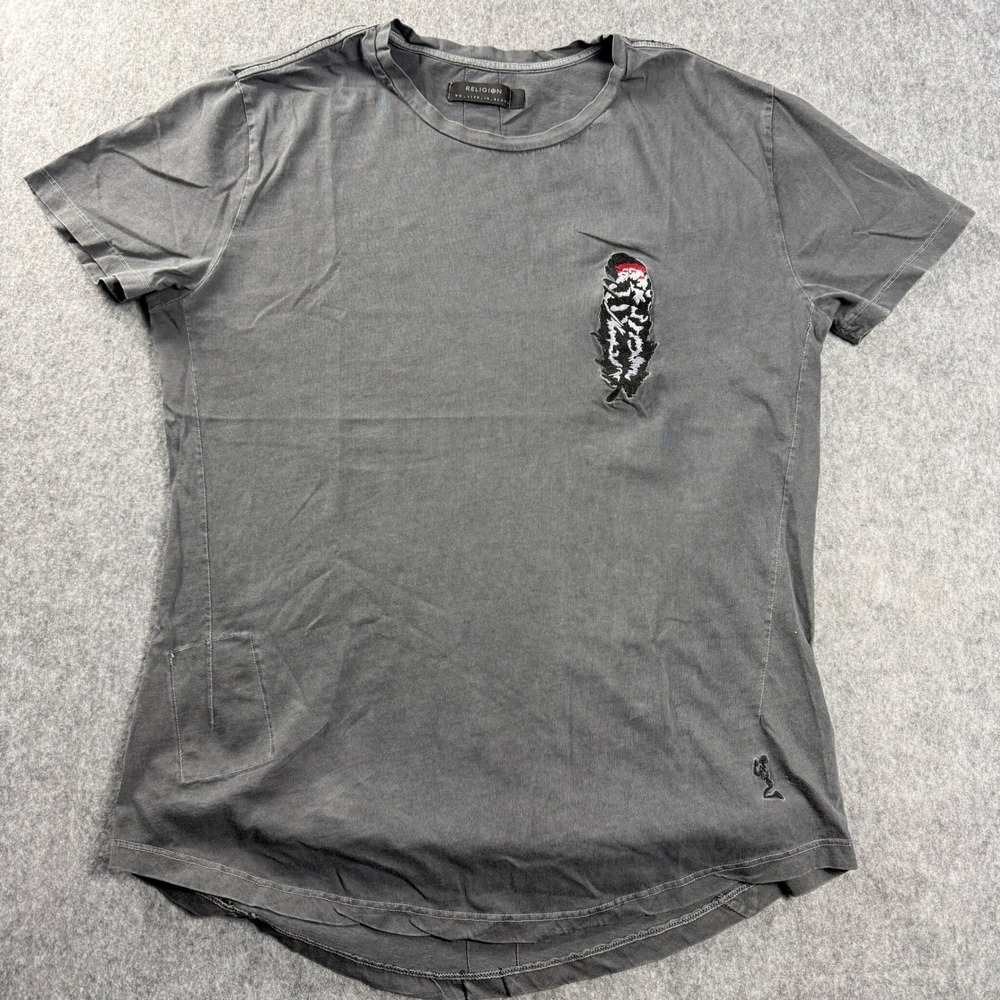 Religion We Live In Black Mens T-Shirt XL Black Washed Grey Feather Patch Defect